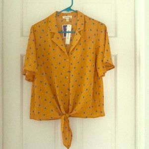 Yellow Fox Print Tie-Front Button Down